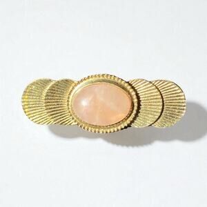 Vintage Rose Quartz Brooch Gold Tone Pink Cabochon Gemstone Shells Pin